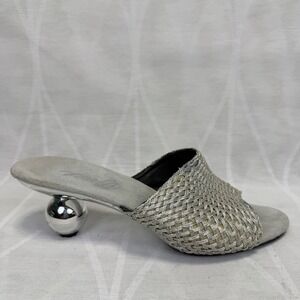 Onex Silver Woven Slide Sandals sz 7 Chrome Orb Kitten Heel Mules